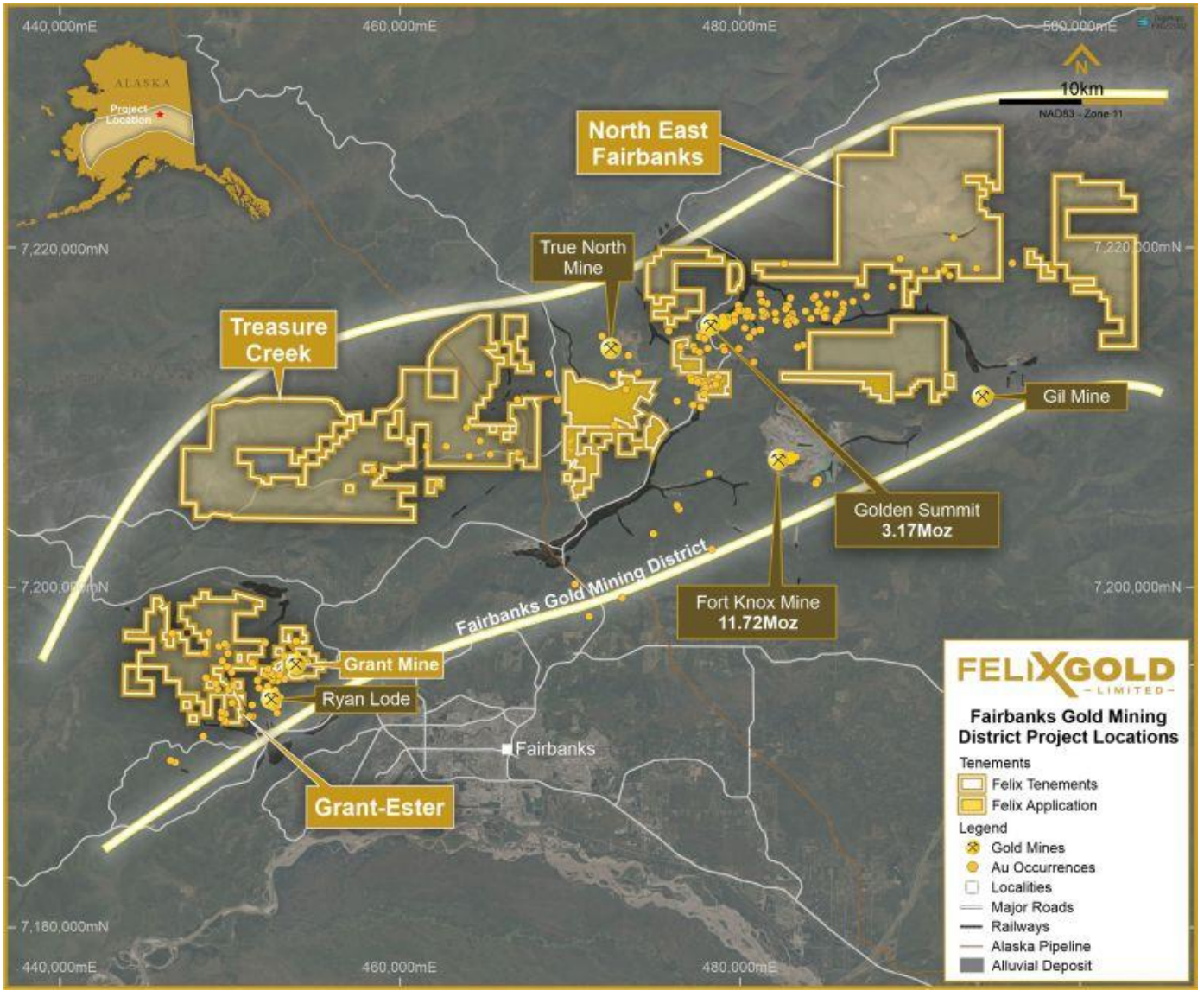 Map detailing the locations of Felix Gold's claims in Fairbanks Gold region 