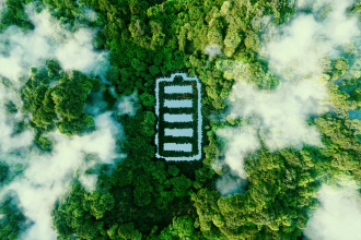EV battery logo in a forest