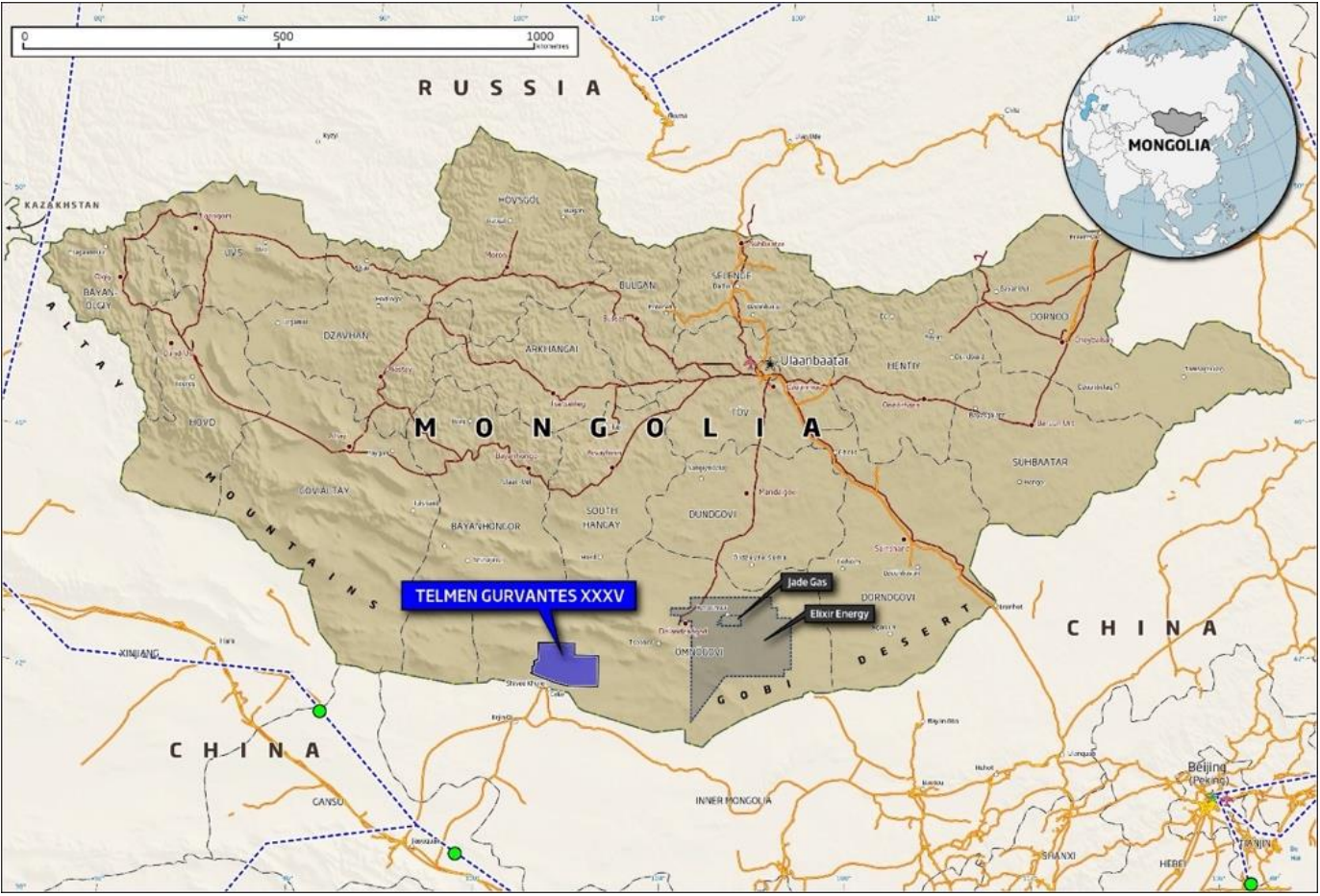 A map of Mongolia locating the Gurvantes project 