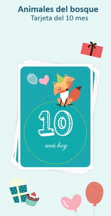 Tarjetas impresas para celebrar el nacimiento de tu bebé. Decoradas con motivos felices, incluyendo a un zorro del bosque con un sombrero de fiesta y una nota de celebración: ¡10 meses hoy!