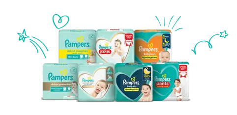 Catálogo de productos Pampers: pañales, pantaloncitos y toallitas.