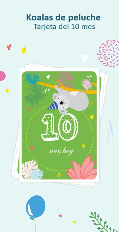 Tarjetas impresas para celebrar el décimo mes de tu bebé. Decoradas con motivos felices, incluyendo el adorable koala, y una nota de celebración: ¡10 meses hoy!