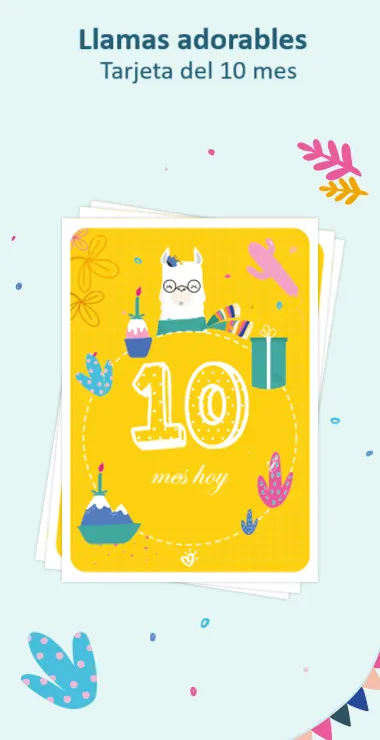 Tarjetas impresas para celebrar los 10 meses de tu bebé. Decoradas con alegres motivos que incluyen la adorable llama y una nota de celebración: ¡Hoy hace 10 meses!