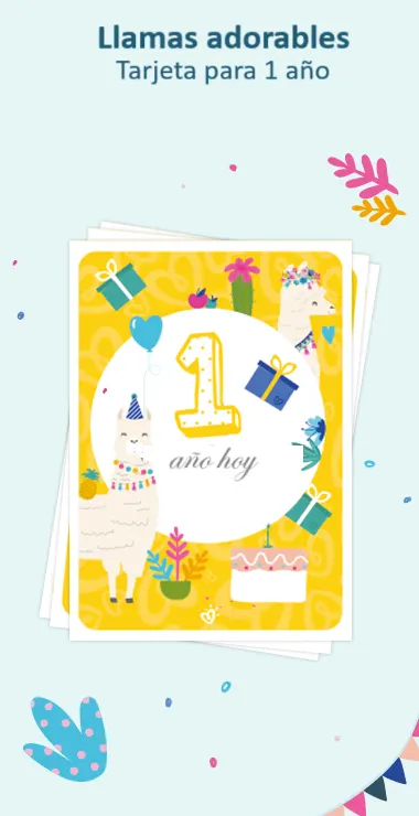 Tarjetas impresas para celebrar el 1er cumpleaños de tu bebé. Decoradas con alegres motivos que incluyen la adorable llama y una nota de celebración: ¡Hoy cumple 1 año!
