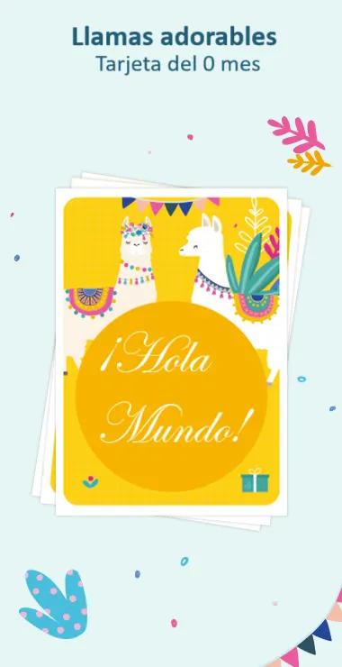 Tarjetas impresas para celebrar el nacimiento de tu bebé. Decoradas con alegres motivos que incluyen la adorable llama y una nota de celebración: ¡Hola Mundo!