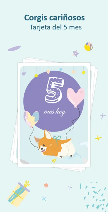 Tarjetas impresas para celebrar el quinto mes de tu bebé. Decoradas con motivos alegres que incluyen el encantador corgi y una nota de celebración: ¡5 meses hoy!
