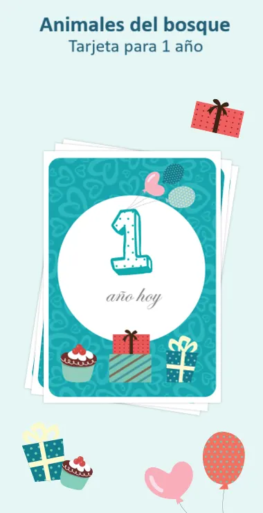 Tarjetas impresas para celebrar el nacimiento de tu bebé. Decoradas con motivos felices, incluyendo regalos, pasteles y globos, y una nota de celebración: ¡1 año hoy!
