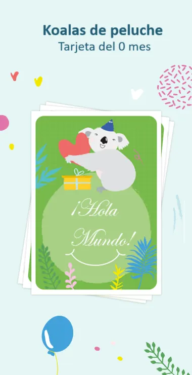 Tarjetas impresas para celebrar el nacimiento de tu bebé. Decoradas con motivos felices, incluyendo el adorable koala y una nota de celebración: ¡Hola, Mundo!