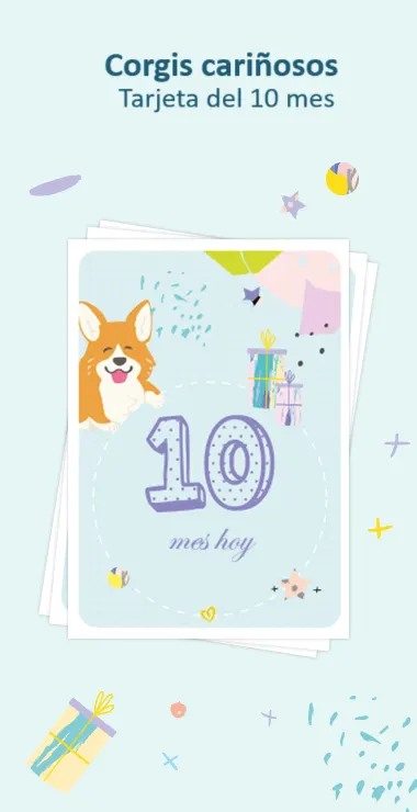 Tarjetas impresas para celebrar el décimo mes de tu bebé. Decoradas con motivos alegres que incluyen el encantador corgi y una nota de celebración: ¡10 meses hoy!