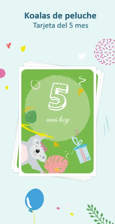 Tarjetas impresas para celebrar el quinto mes de tu bebé. Decoradas con motivos felices, incluyendo el adorable koala, y una nota de celebración: ¡5 meses hoy!