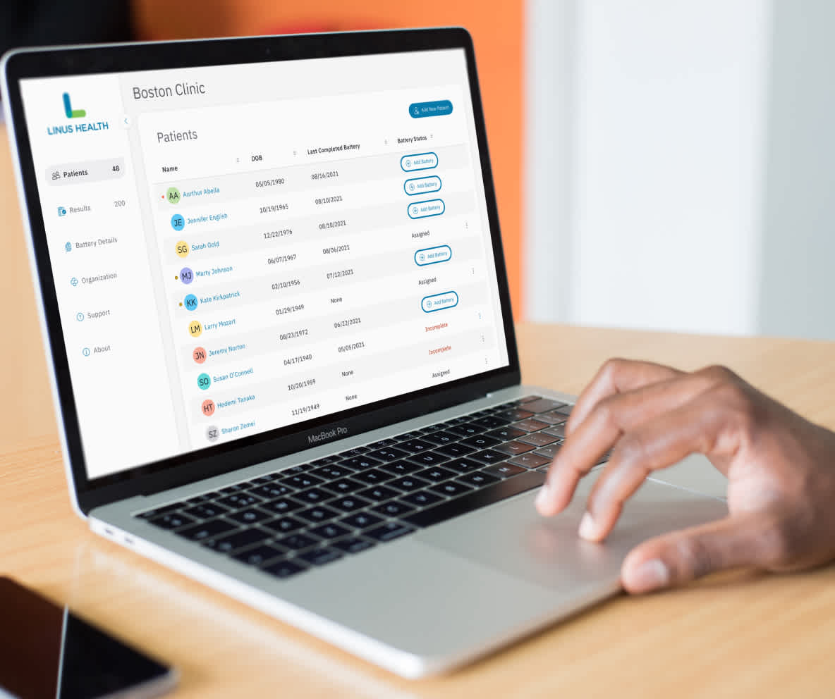 Laptop screen displaying mockup of Linus Health Platform
