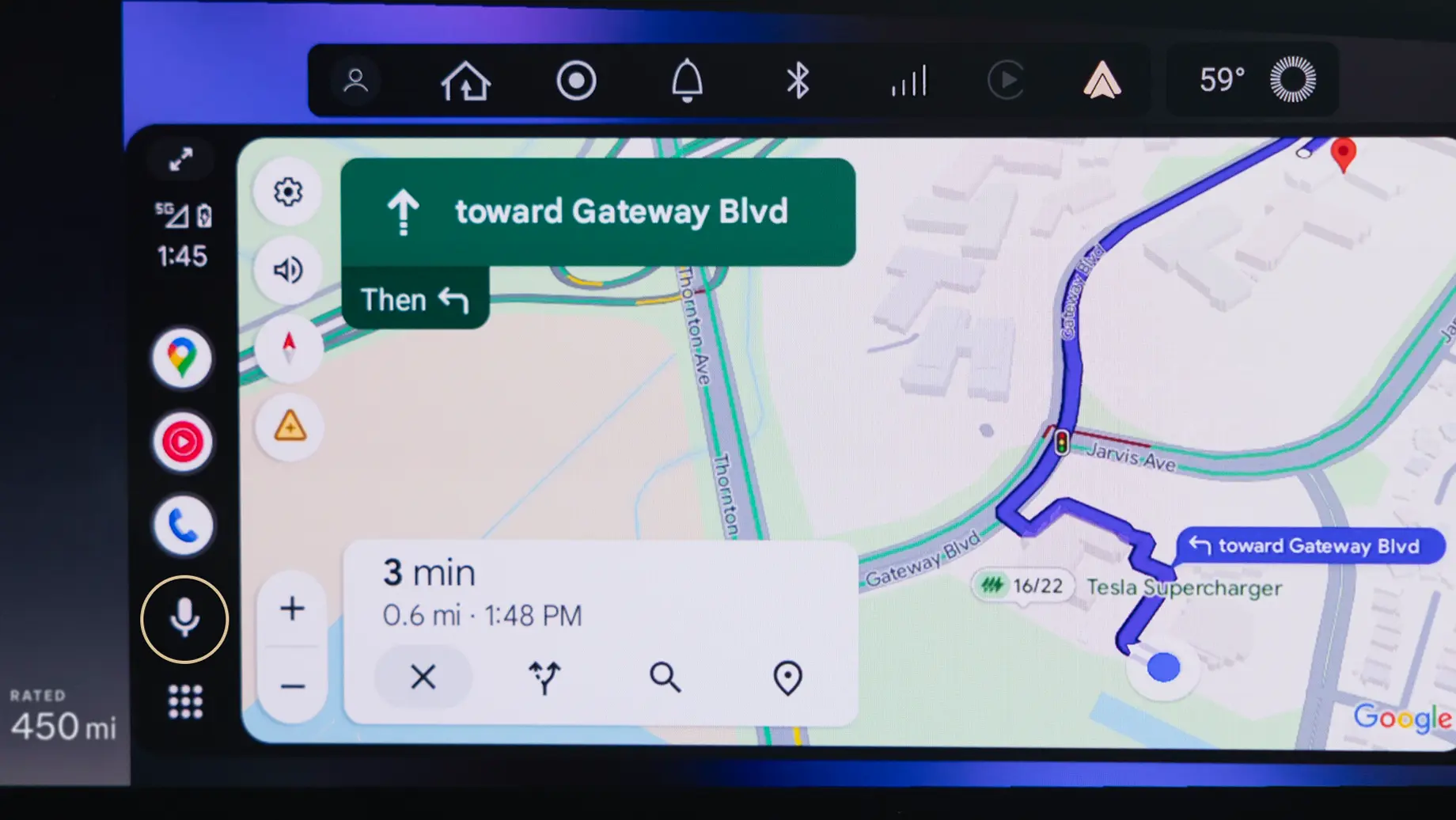 Navigation screen showing directions toward Gateway Blvd, 3 minute trip, with Tesla Supercharger location visible.