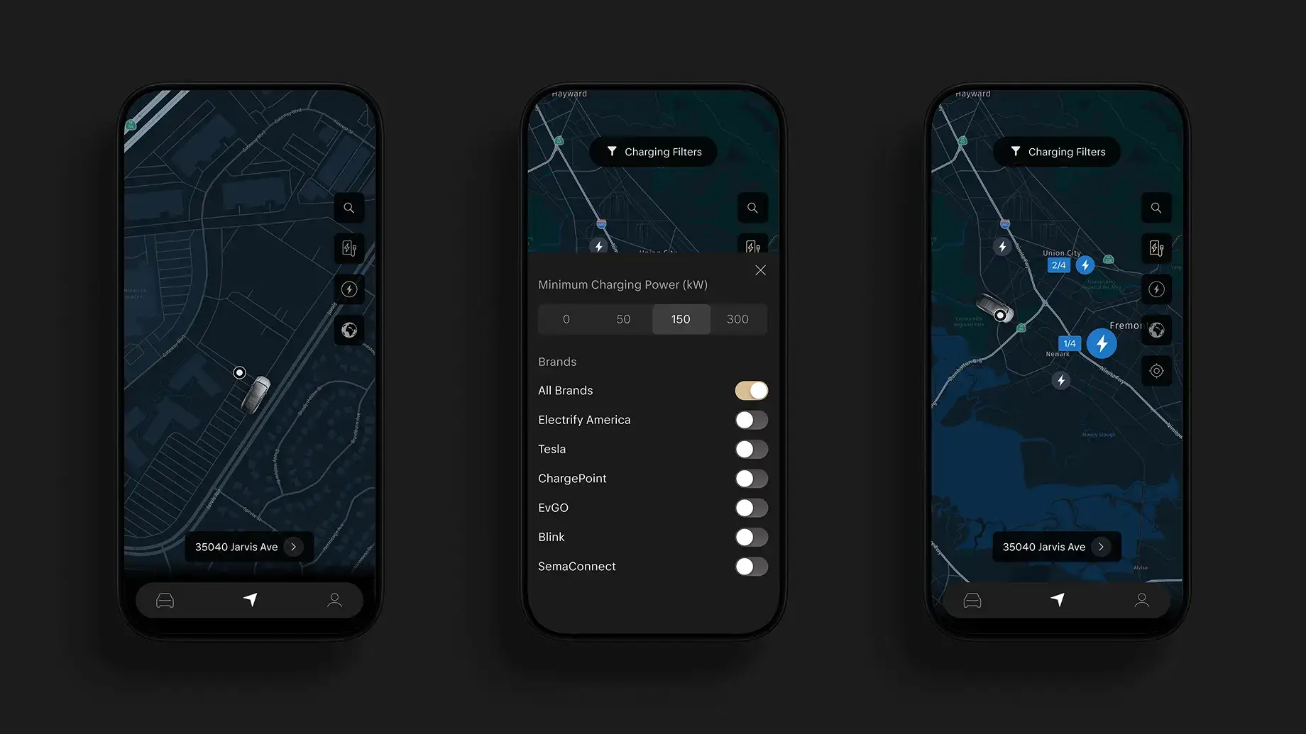 Three smartphone screens showing an EV charging app with a dark map, charging filters, and brand toggle options.