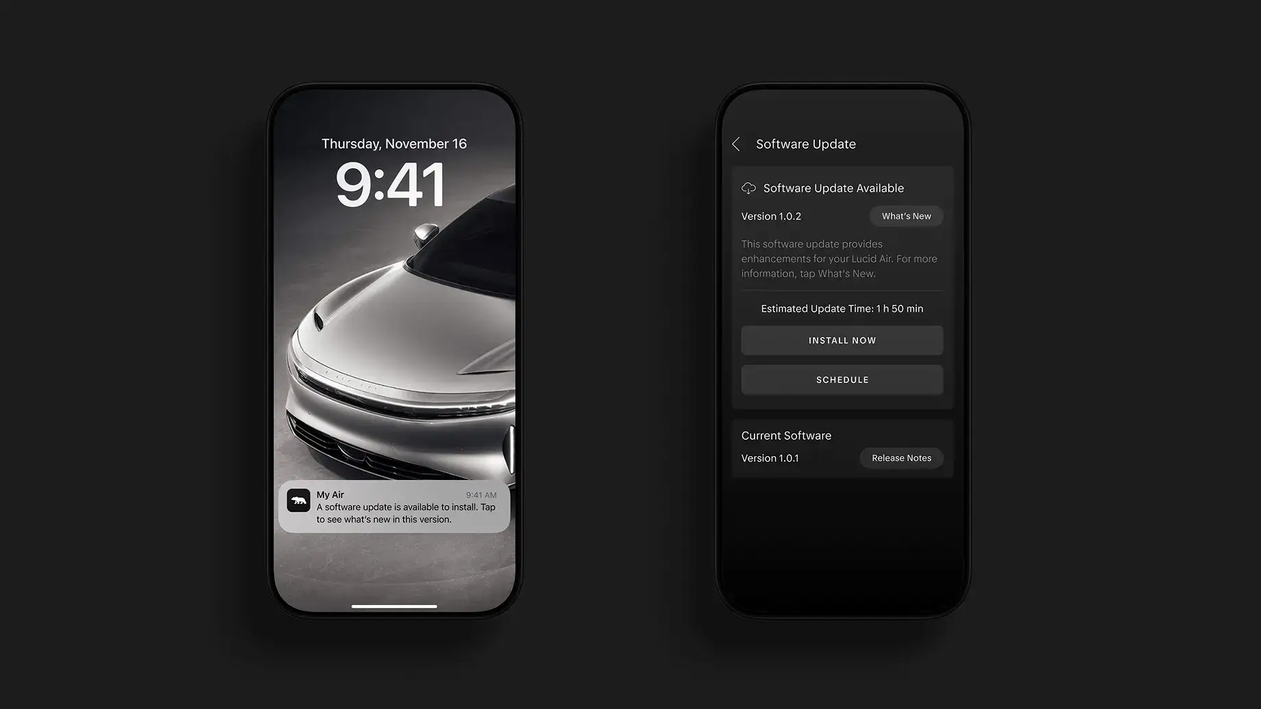 Two smartphones displaying the Lucid Air app: a lock screen with update notification and a software update installation screen.