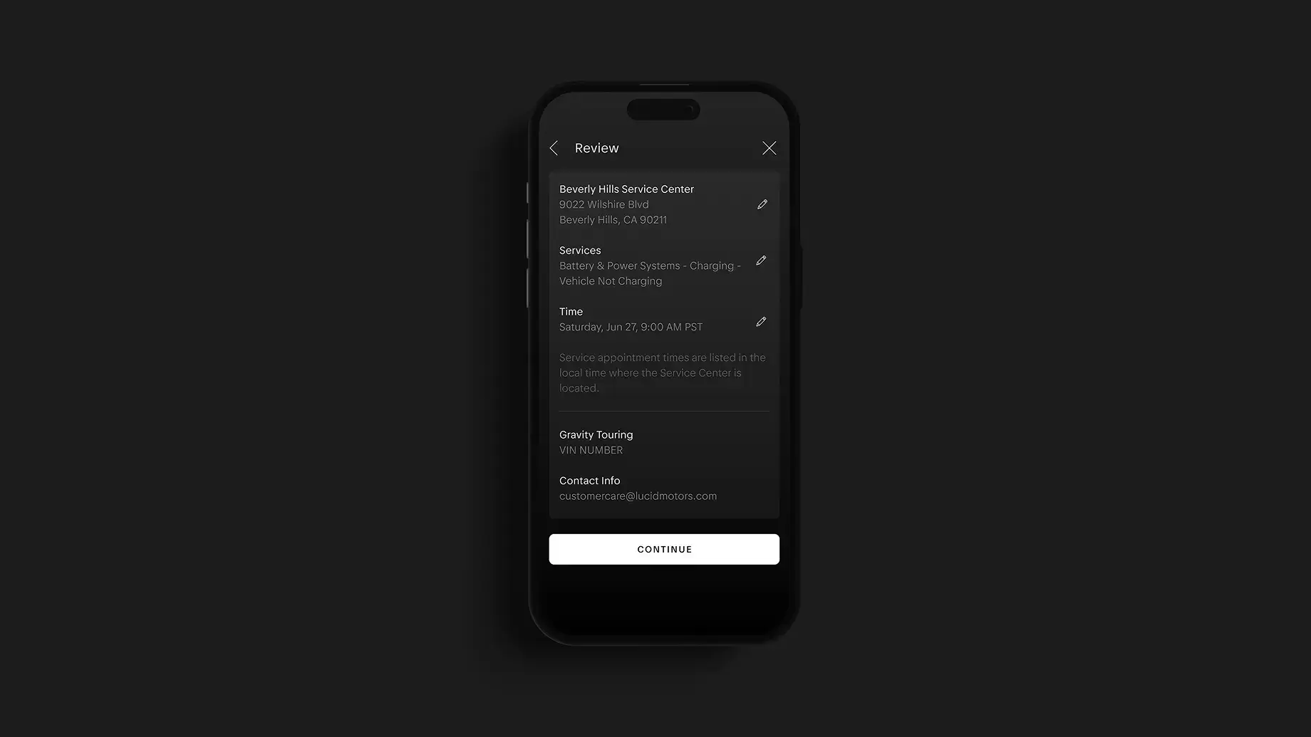 A dark-themed mobile app screen showing a service appointment review for Beverly Hills Service Center with a "Continue" button.