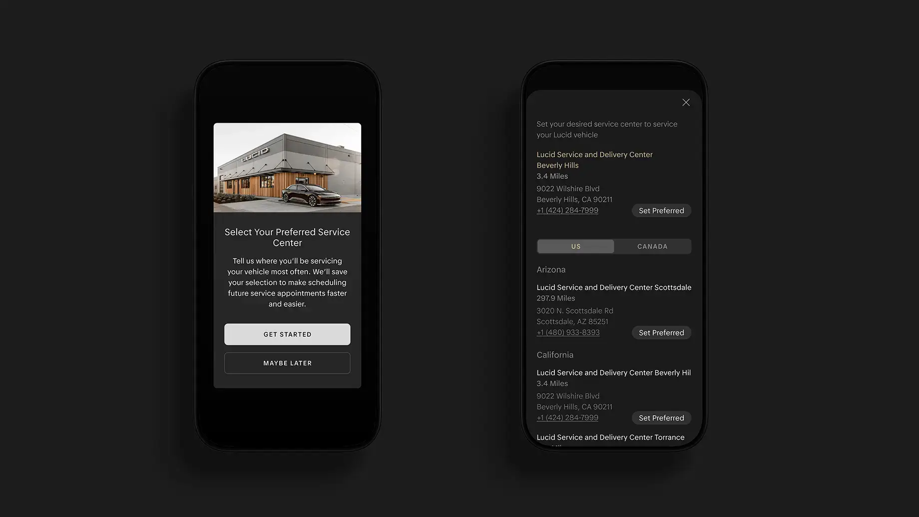 Two dark-themed mobile app screens showing a Lucid vehicle service center selection interface with location listings.