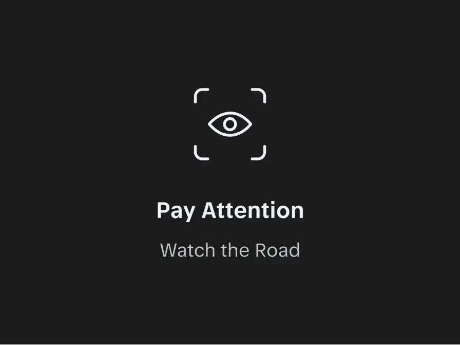 White eye icon with scan frame on dark background, bold text reads "Pay Attention" and "Watch the Road."