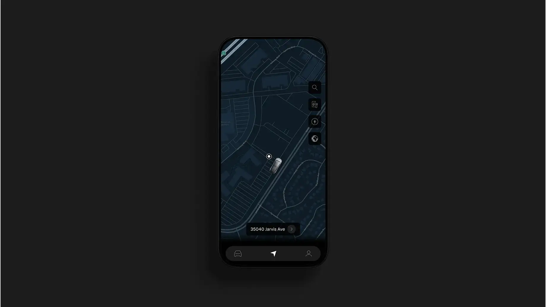 A smartphone displaying a dark-themed map app showing a vehicle's location at 35040 Jarvis Ave.