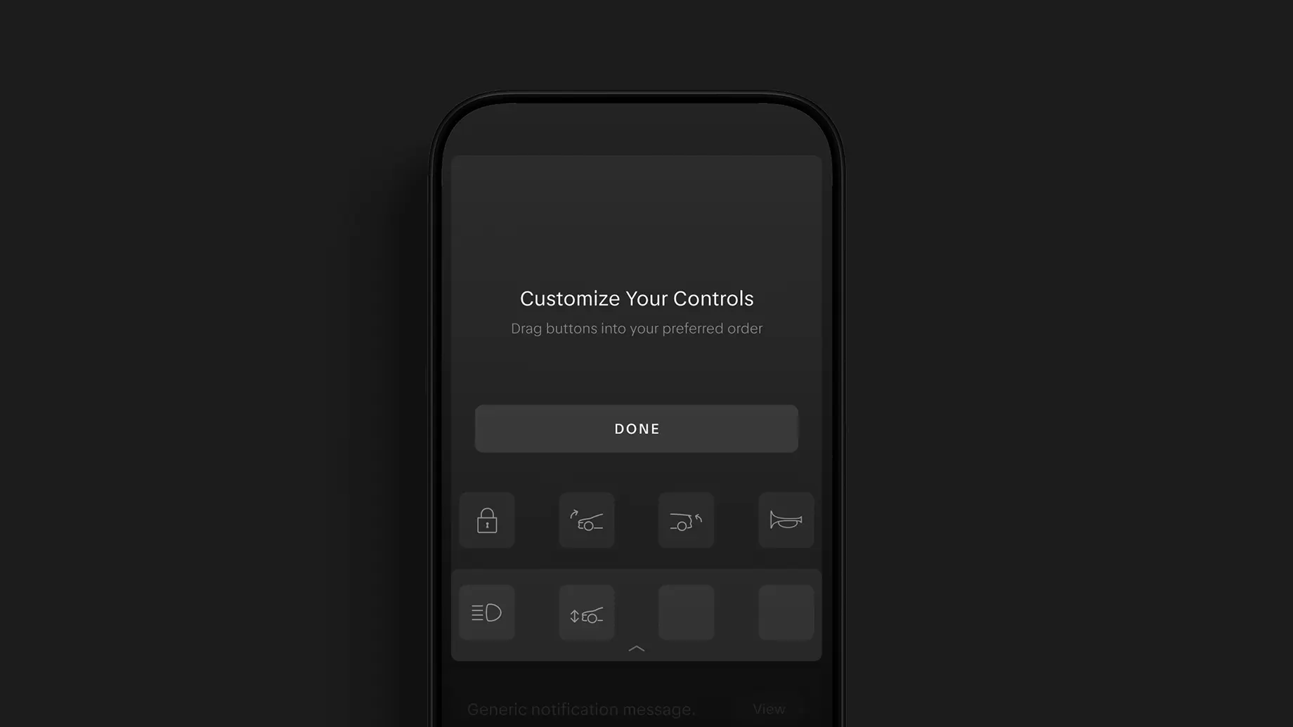 Smartphone displaying a dark-themed app screen titled "Customize Your Controls" with draggable car control icons and a "Done" button.