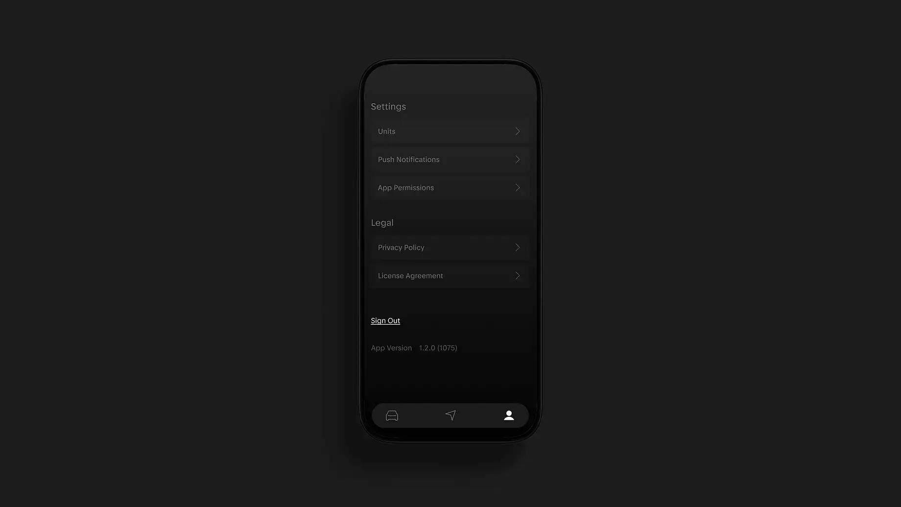 Dark-themed mobile app Settings screen showing Units, Push Notifications, App Permissions, Legal links, and a Sign Out option.