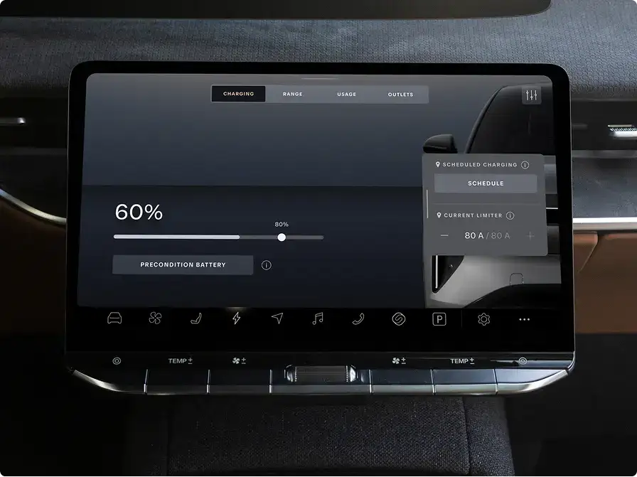 Electric vehicle dashboard display showing 60% battery charge with charging settings and current limiter at 80A.