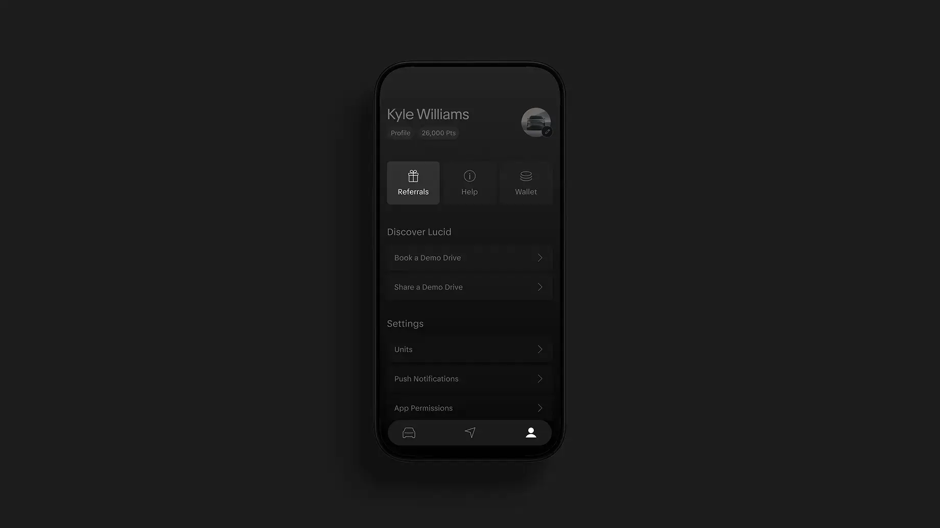 Dark-themed mobile app profile screen showing user Kyle Williams with 26,000 points, Referrals tab, and Settings menu.