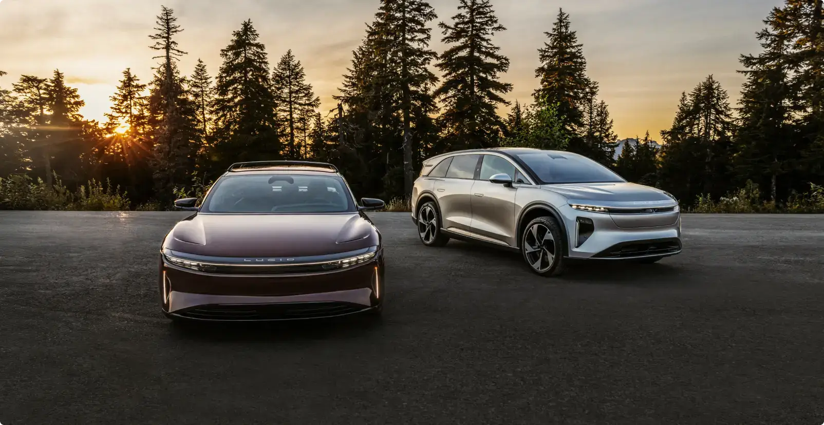 La Lucid Air et la Lucid Gravity au crépuscule avec, en arrière-plan, des grands conifères se profilant sur un ciel doré. 