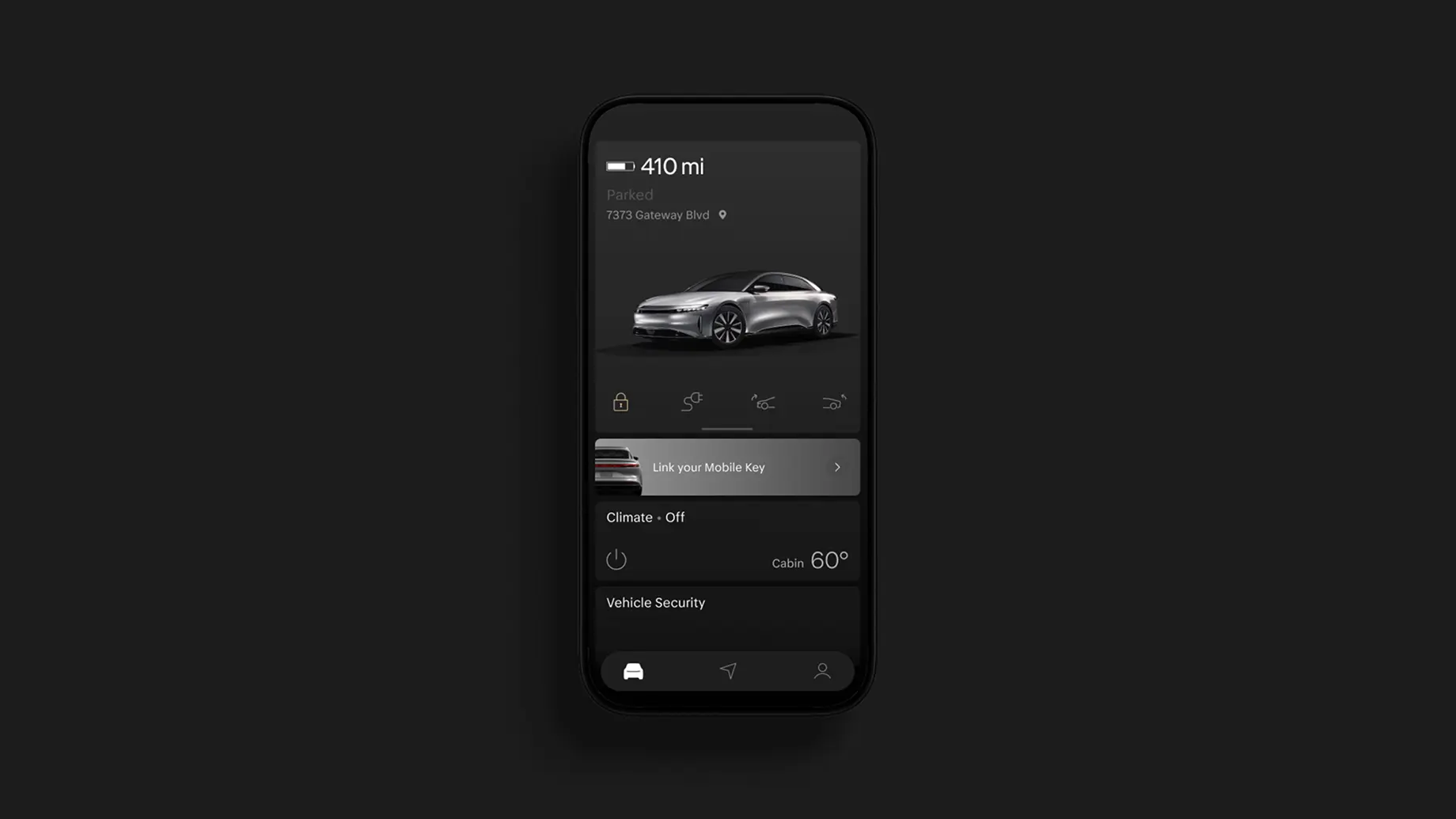 Dark-themed electric vehicle mobile app showing a silver car, 410 mi range, parked location, climate and security controls.