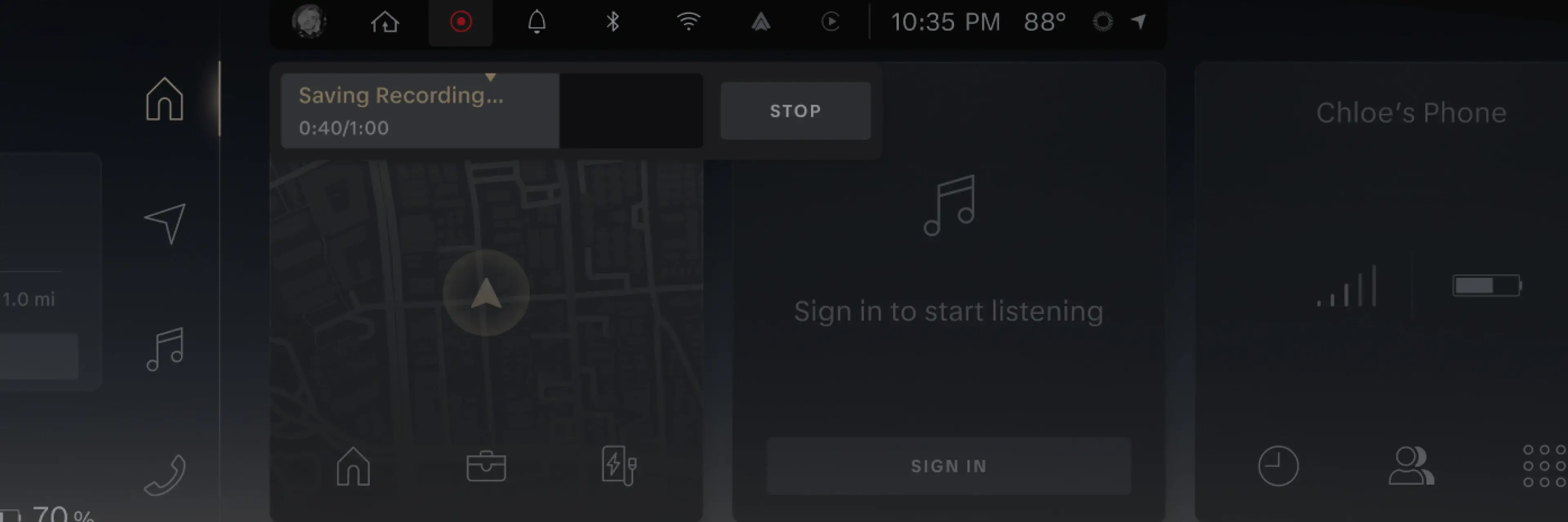 Dark music app interface showing a STOP button, music note icon, and SIGN IN button at 10:35 PM.