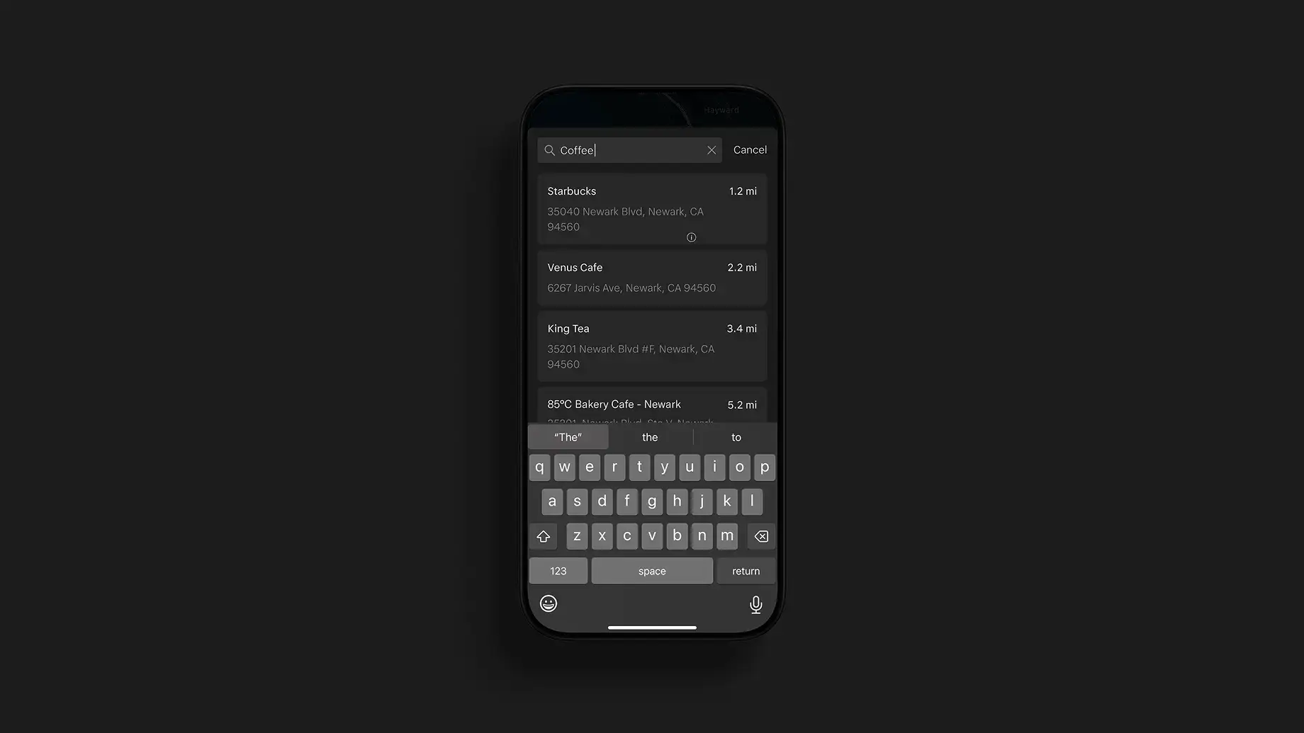 Smartphone in dark mode showing a "Coffee" search with nearby results like Starbucks and Venus Cafe, with keyboard open.