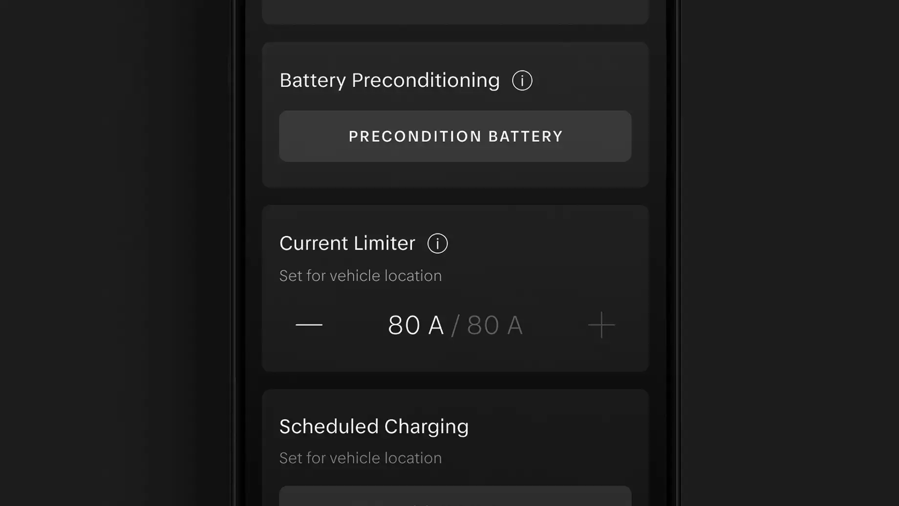 Dark-themed EV app screen showing Battery Preconditioning, Current Limiter set to 80A, and Scheduled Charging options.