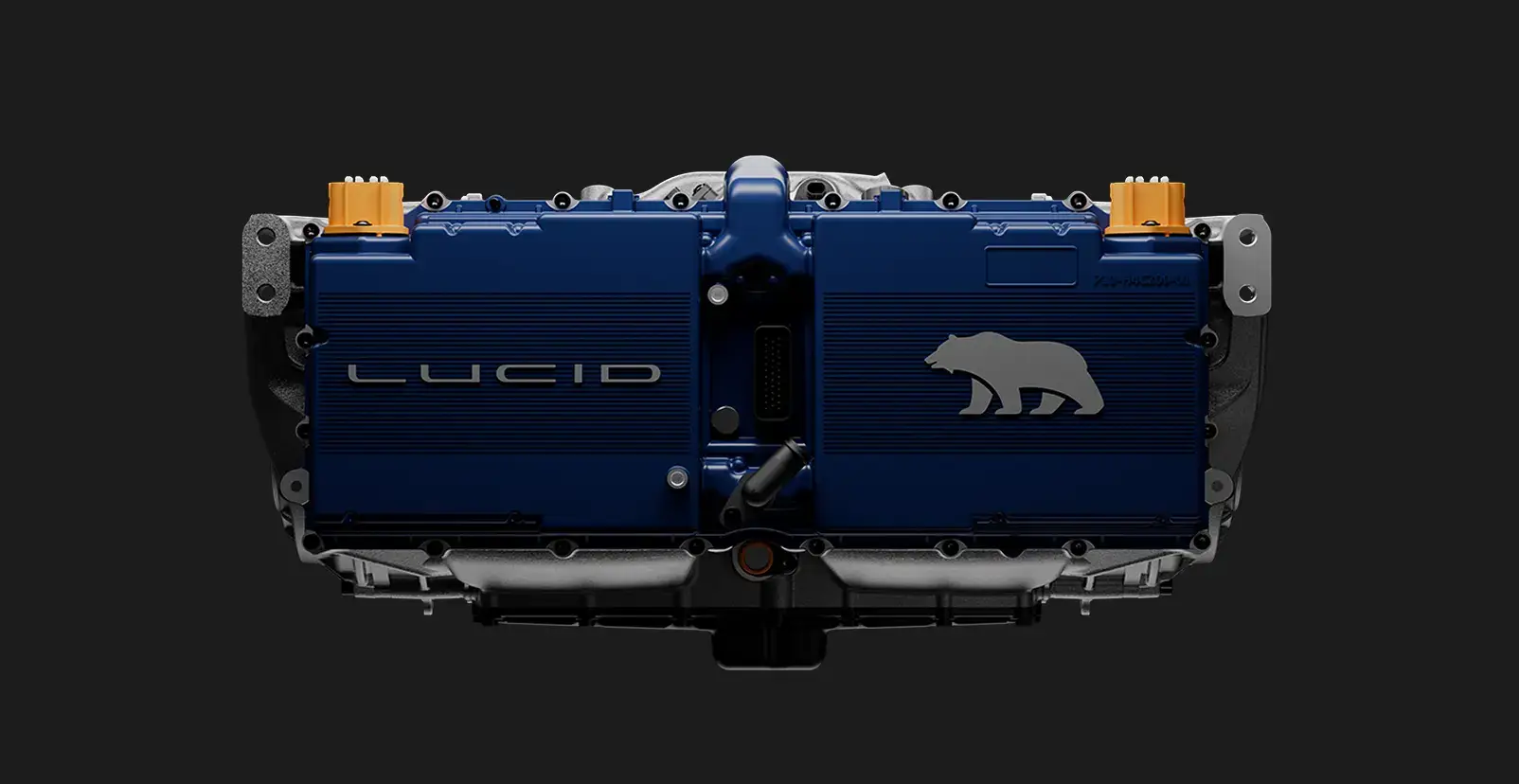 Blue Lucid electric vehicle motor component with bear logo on dark background