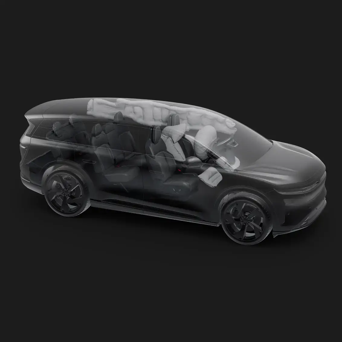 An X-ray view of the Lucid Gravity with 7 seats and airbags deployed.