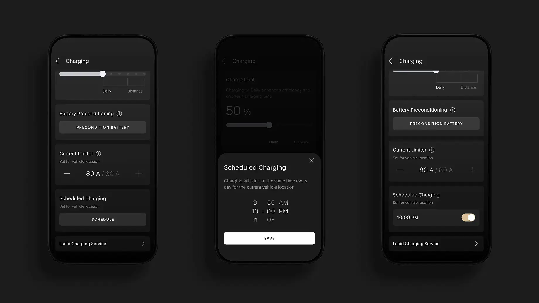 Three dark-themed smartphone screens displaying an EV charging app with scheduled charging, battery preconditioning, and charge limit settings.
