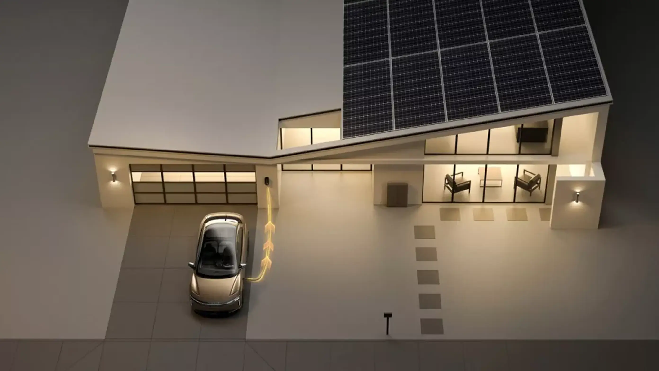 Modern home model with solar panels on roof, electric car charging in driveway, and illuminated interior visible through windows.