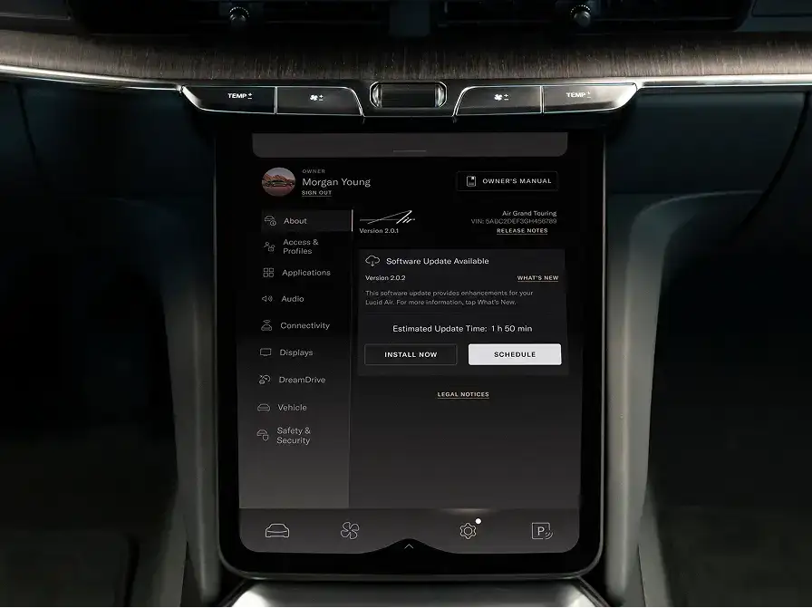 A Lucid Air car touchscreen displaying a software update notification for version 2.0.2 with install and schedule options.
