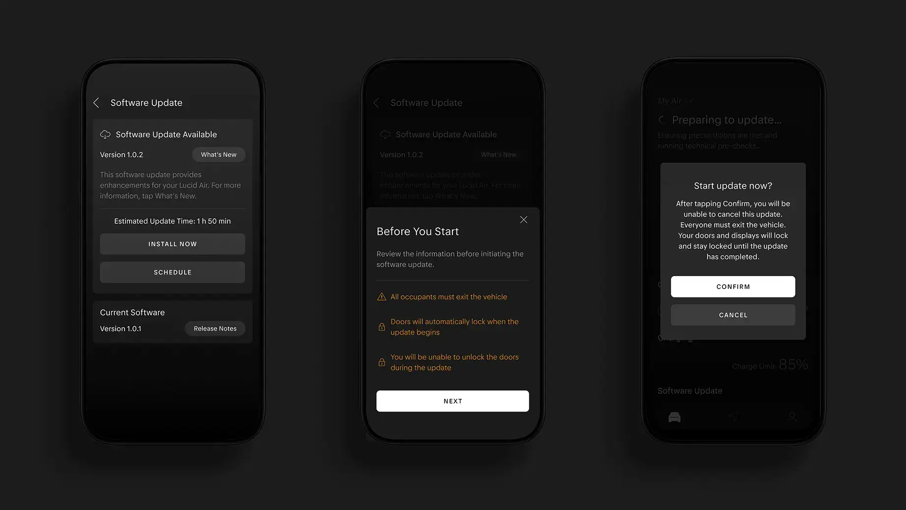 Three dark-themed mobile app screens showing a software update flow: update details, pre-update warnings, and a confirmation dialog.