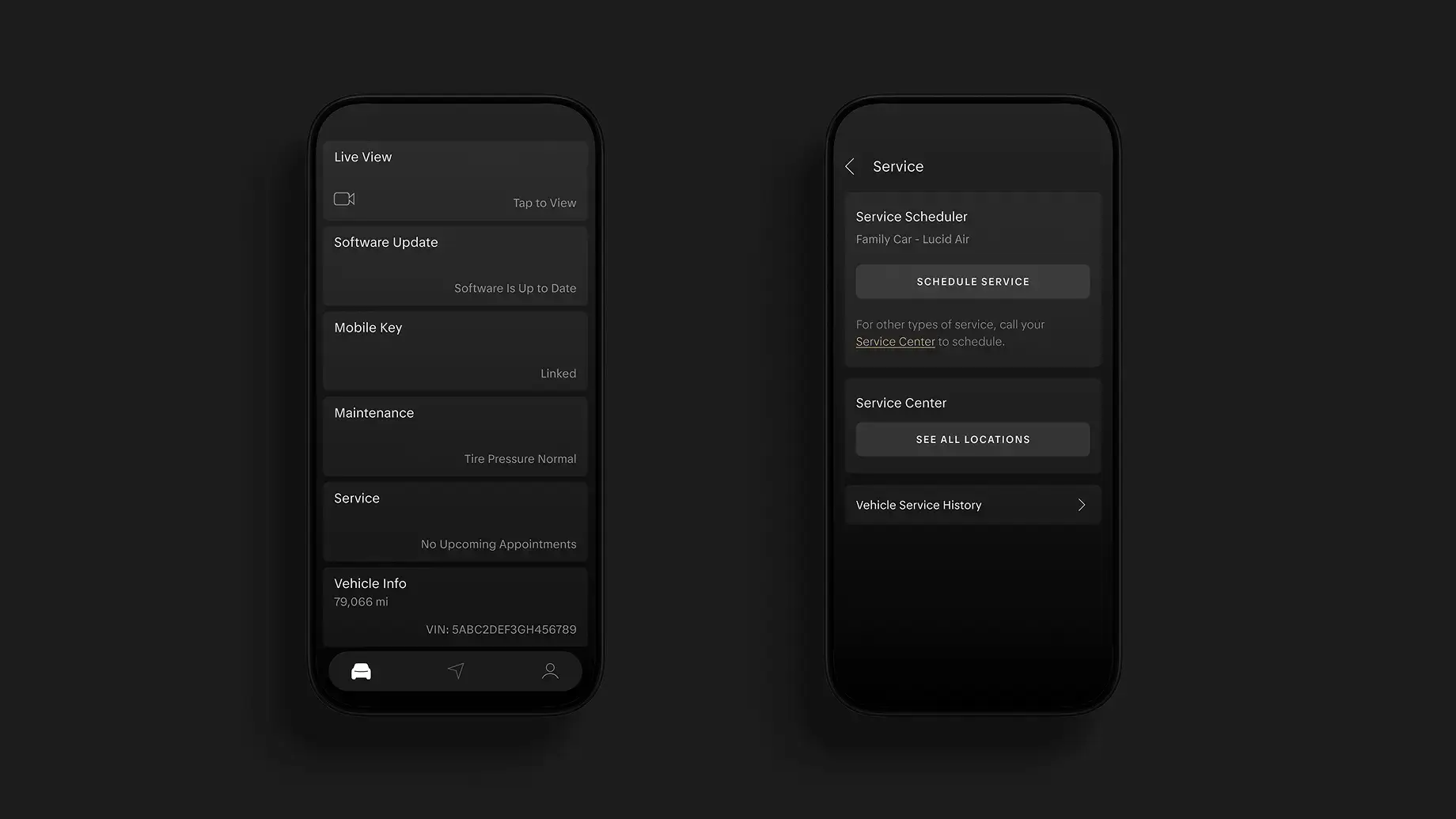 Two dark-themed mobile app screens showing a Lucid car app with vehicle info, maintenance status, and a service scheduling menu.