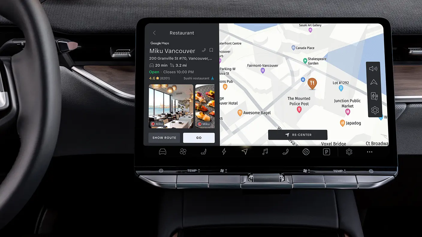 Car touchscreen displaying Google Maps navigation to Miku Vancouver restaurant, showing a 3.2 mi route and map of downtown Vancouver.