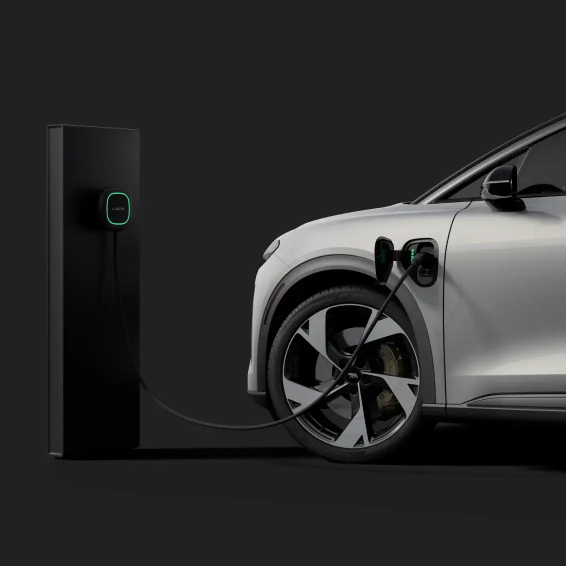 A Wallbox home charging station plugged into the Lucid Gravity.