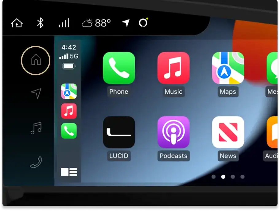 Car dashboard display showing Apple CarPlay interface with Phone, Music, Maps and other apps at 88° temperature.