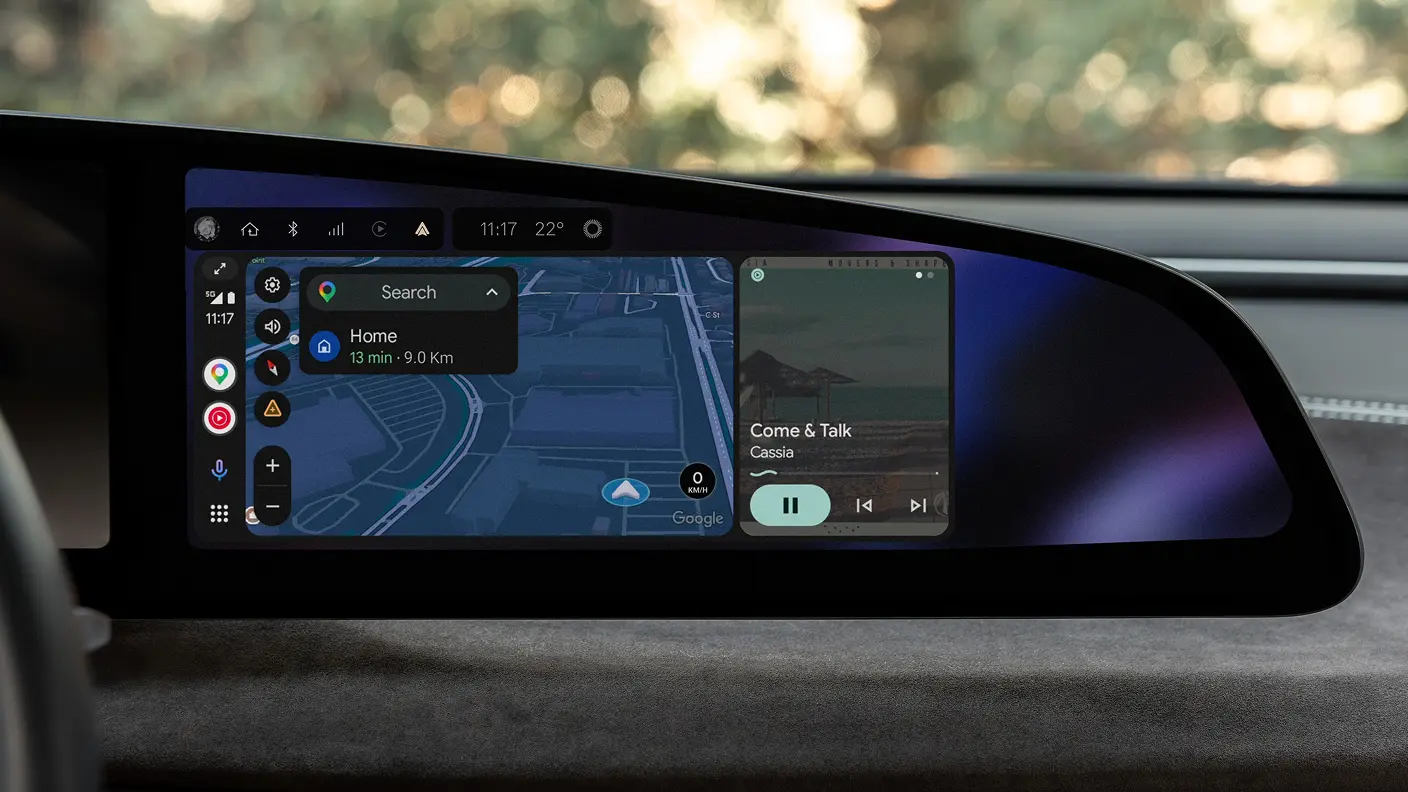 Car dashboard screen displaying Android Auto with Google Maps navigation and a music player showing "Come & Talk" by Cassia.