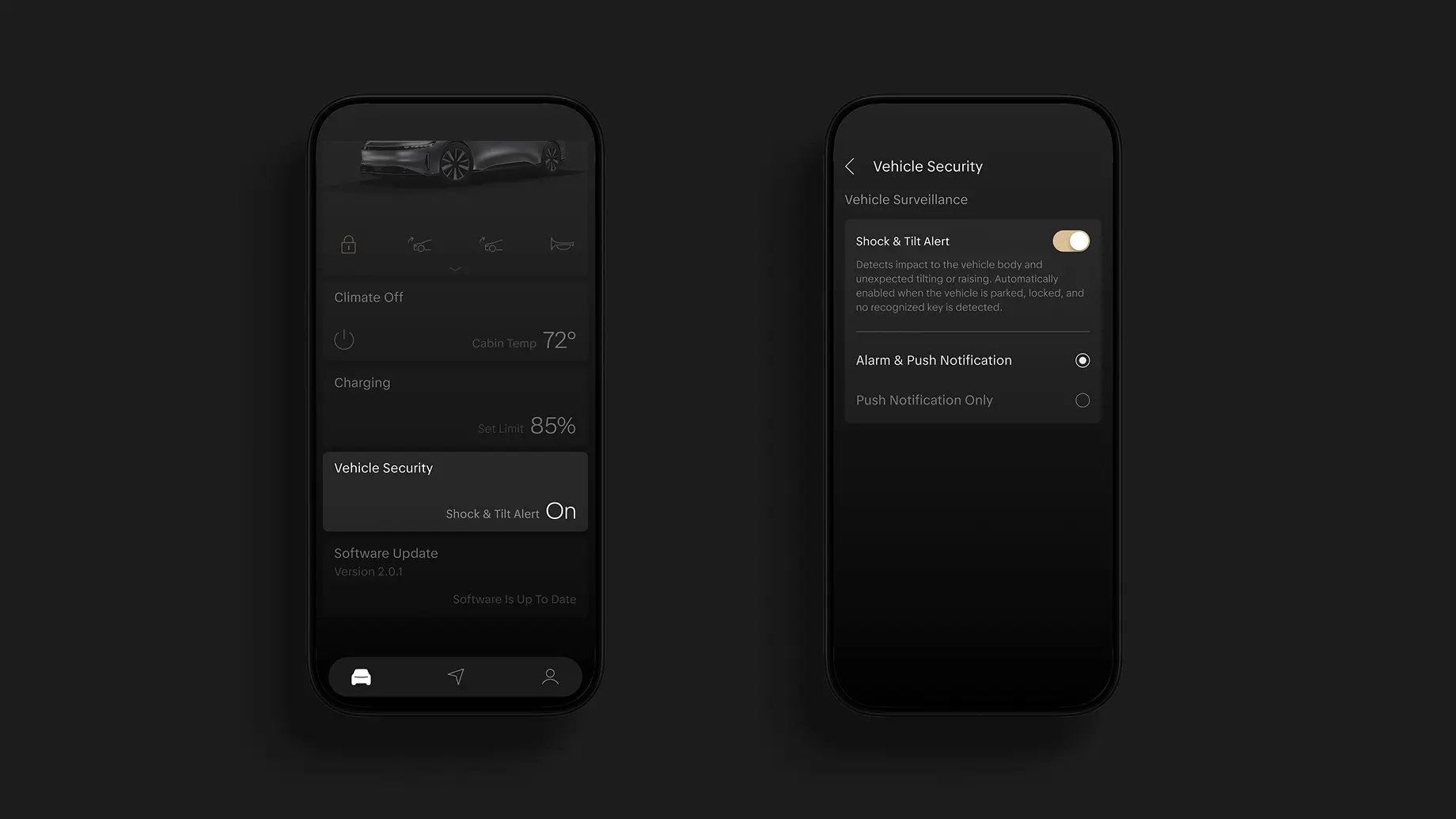 Two dark-themed smartphone screens displaying a vehicle app's security settings, including Shock & Tilt Alert and push notifications.