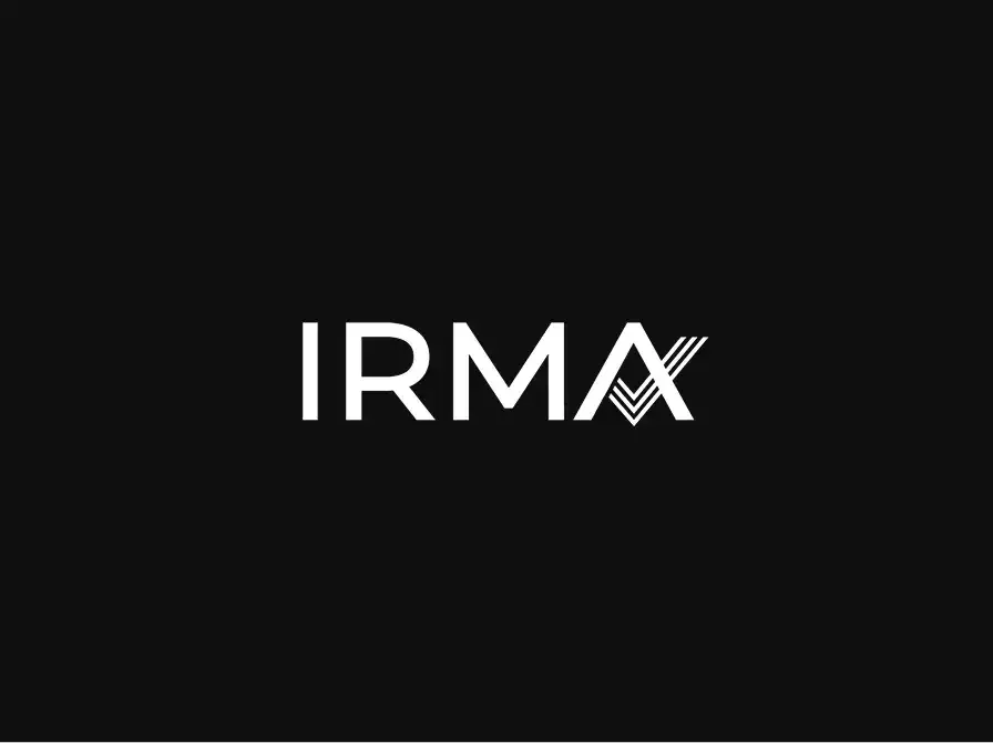 White IRMAX logo with a geometric layered chevron design on the letter X, centered on a black background.