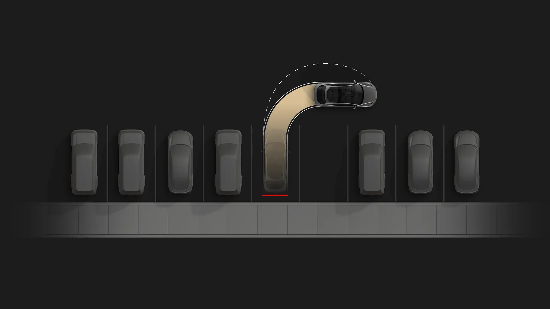 Aerial view of a car pulling out of a parking space, with illuminated path showing its trajectory among parked vehicles.