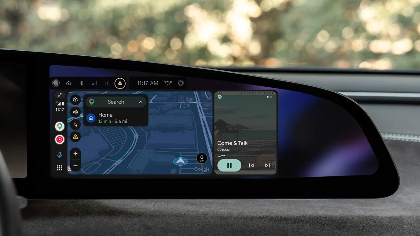 Car dashboard screen displaying Android Auto with Google Maps navigation and music player showing "Come & Talk" by Cassia.