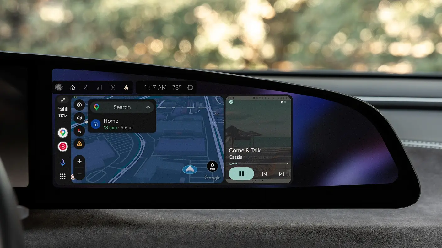Car dashboard screen displaying Android Auto with Google Maps navigation and music player showing "Come & Talk" by Cassia.