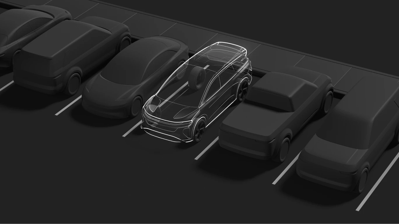 Conception filaire d’un VUS mis en évidence parmi des véhicules sombres dans un stationnement, illustrant un concept automobile moderne.