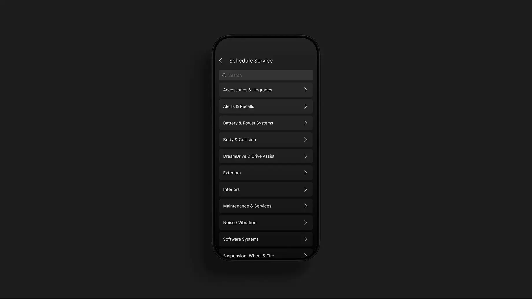 Mobile app screen showing a dark-themed "Schedule Service" menu with categorized service options listed.