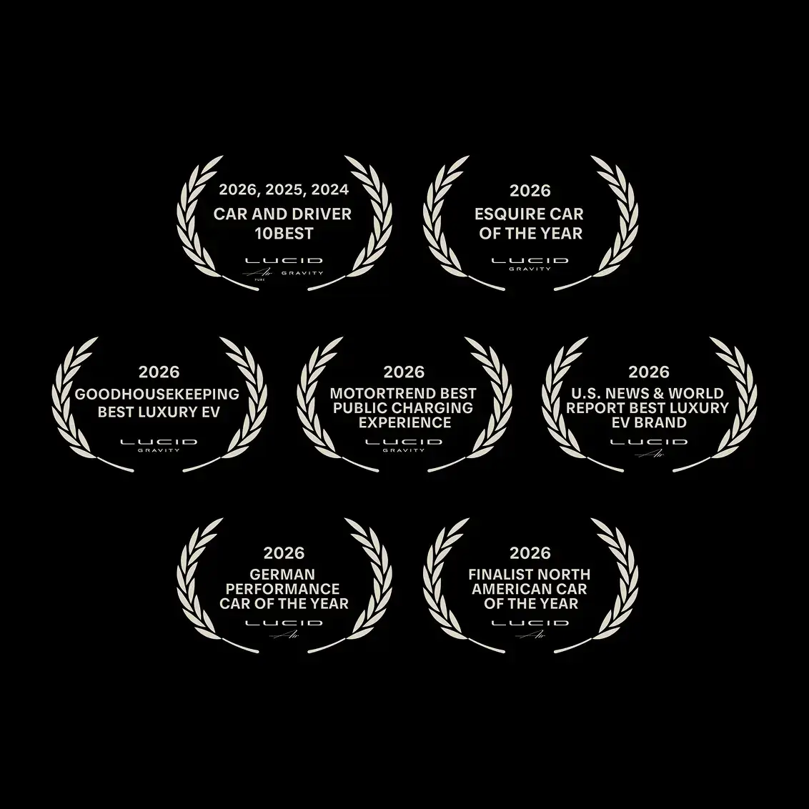 Lucid Motors award emblems displayed on black background, showcasing multiple automotive accolades from 2024-2026.